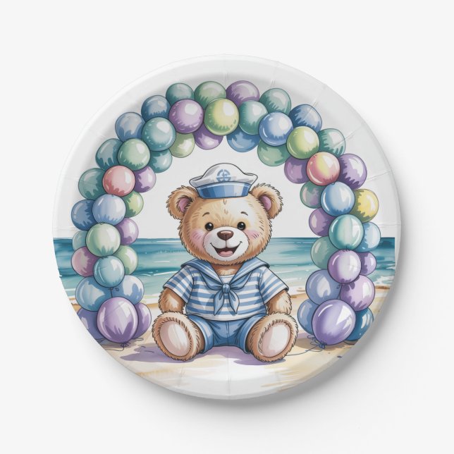 Plato De Papel Nautical Teddy Bear Beach Boy Baby Shower (Anverso)