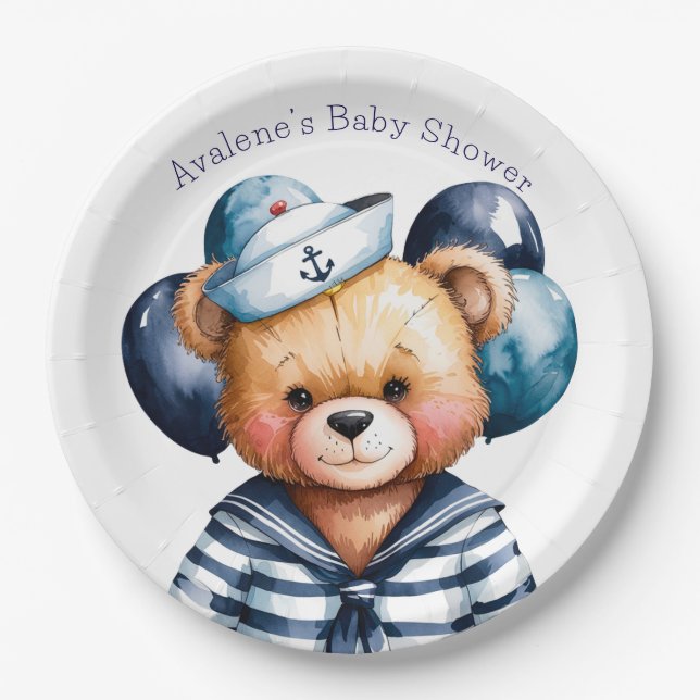Plato De Papel Nautical Teddy Bear Delight Boy Baby Shower (Anverso)