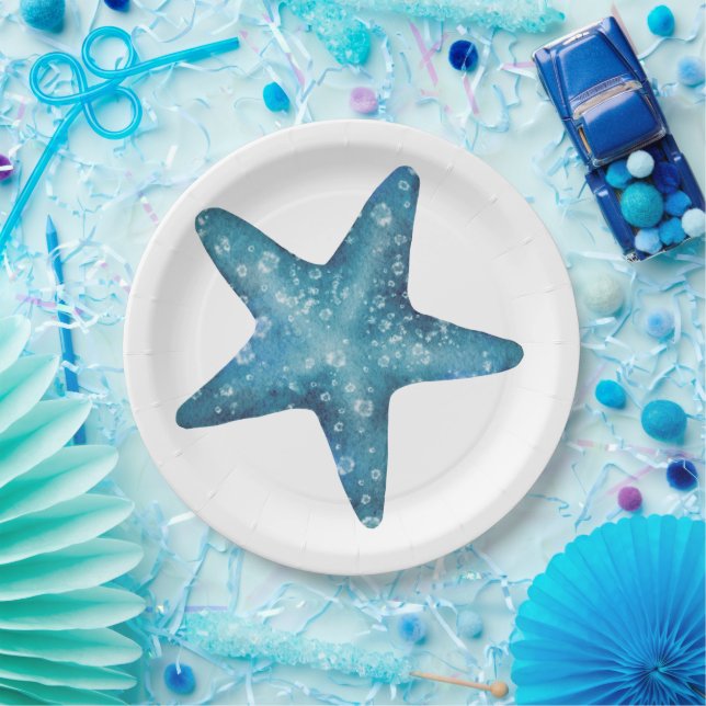 Plato De Papel Nautical Watercolor Blue Starfish (Fiesta)