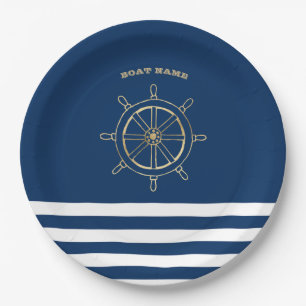 Plato De Papel Náutico, Rueda de Barco Dorada, Rayas Azules Marin