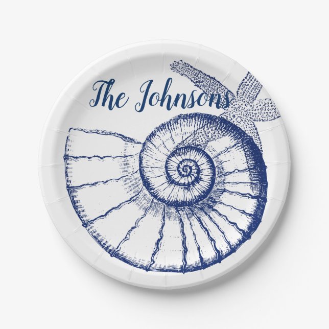 Plato De Papel Nautilus Seashell & Starfish Marine Life Personali (Anverso)