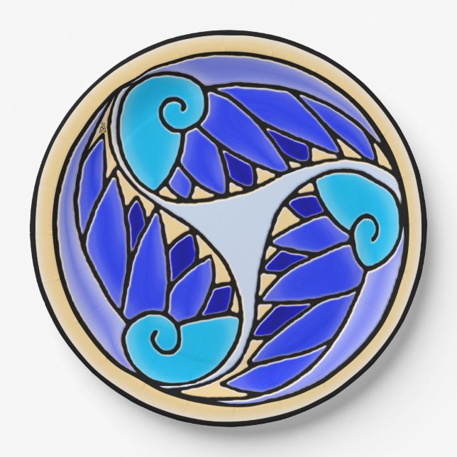 Plato De Papel Nautilus y hojas de palmas - 3 blues, amarillo, ne (Anverso)