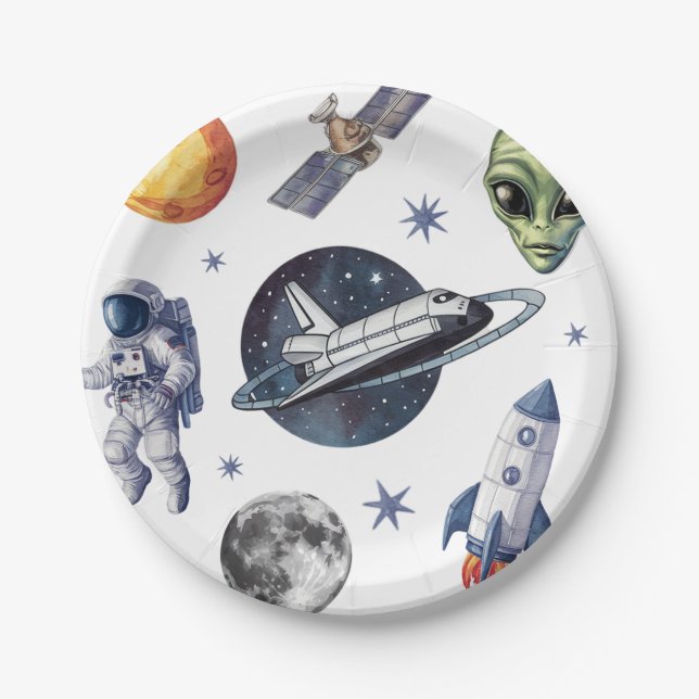 Plato De Papel Nave Espacial De Cohete Moderno Cumpleaños De Plan (Anverso)