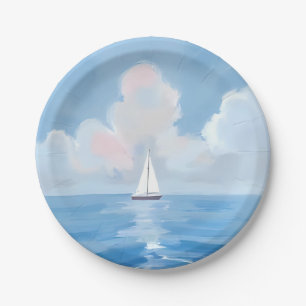 Plato De Papel Navegando en Azul   Pintura del Océano de Velero C
