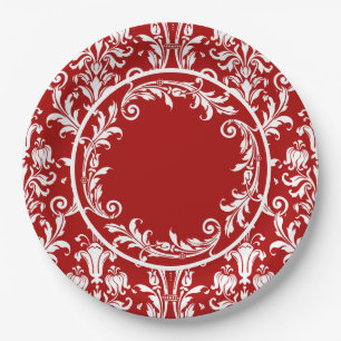 Plato De Papel Naves florales de Damasco Blanco Rojo Personalizad