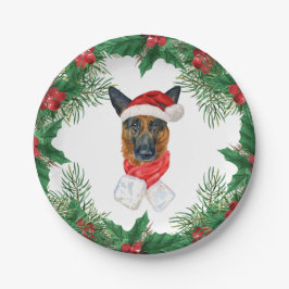 Plato De Papel Navidad Acuarela de Pastor Alemán Lindo