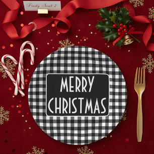 Plato De Papel Navidad Alegre Plaid Búfalo Rústico Negro y Blanco
