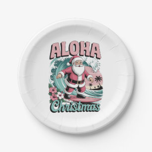 Plato De Papel Navidad Aloha Hawái Santa Surfing Tropical