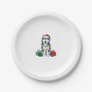 Plato De Papel Navidad alumbrando Santa Hat Alaskan Husky Dog Chr