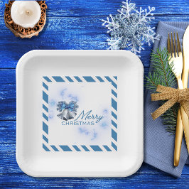 Plato De Papel Navidad Azul Campanas de Plata