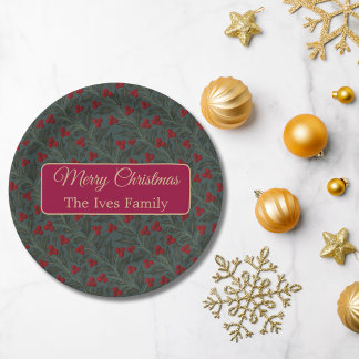 Plato De Papel Navidad Bayas de Acebo