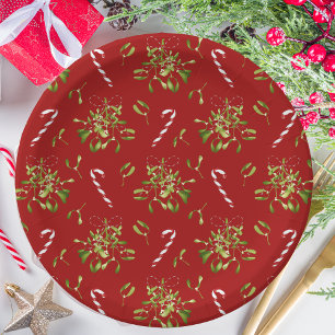 Plato De Papel Navidad Botánica Verde Festiva Rojo y Blanco