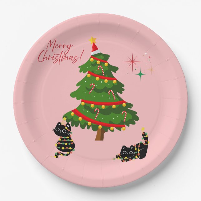 Plato De Papel Navidad con gatos negros (Anverso)
