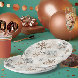 Plato De Papel Navidad Copos de Nieve Marrón Azul Crema