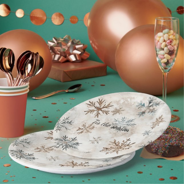 Plato De Papel Navidad Copos de Nieve Marrón Azul Crema (Multi)