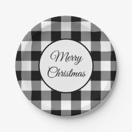Plato De Papel Navidad Cuadro Escocés Negro Y Blanco Rústico