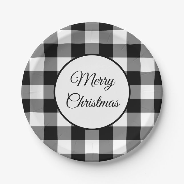 Plato De Papel Navidad Cuadro Escocés Negro Y Blanco Rústico (Anverso)
