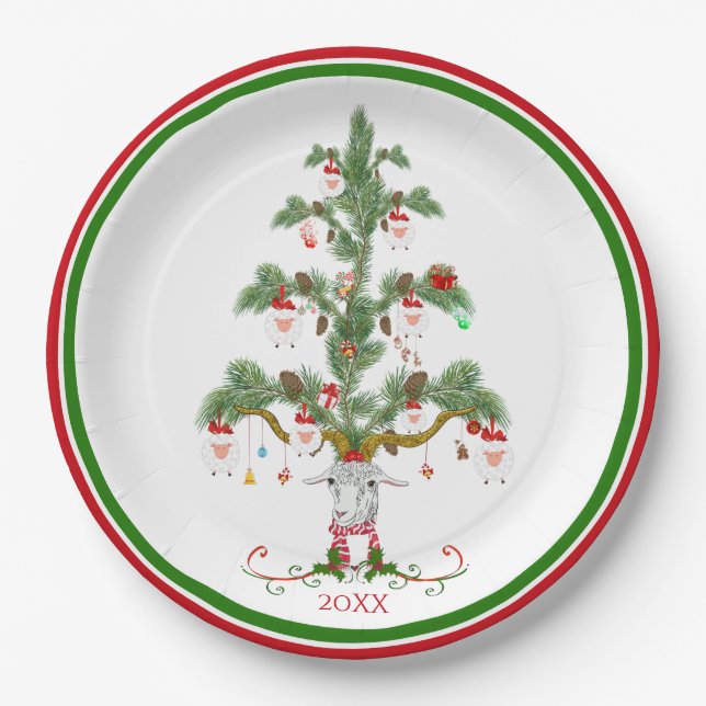 Plato De Papel Navidad de árbol de oveja cutáneo (Anverso)