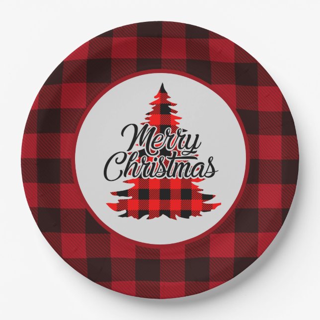 Plato De Papel Navidad de Cuadro Escocés Búfalo Rojo Rústico (Anverso)