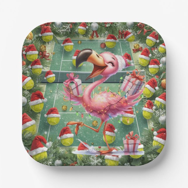 Plato De Papel Navidad de tenis con tema de flamenco (Anverso)
