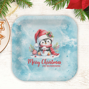 Plato De Papel Navidad divertida en pingüino azul y amargo rojo