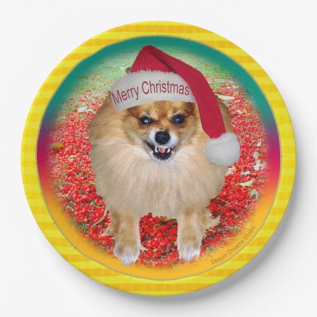 Plato De Papel Navidad divertido del perro de Pomeranian Marley (Anverso)
