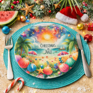 Plato De Papel Navidad en julio con ambiente de playa tropical