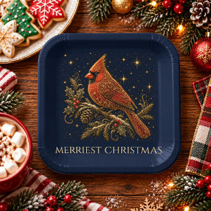 Plato De Papel Navidad en las Estrellas Cardenal Rojo