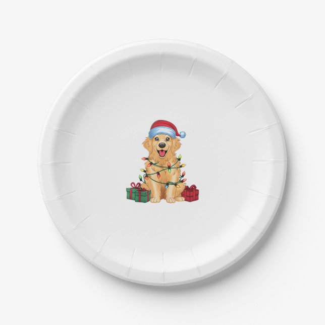 Plato De Papel Navidad Iluminando a Santa Hat Perro recuperador d (Anverso)