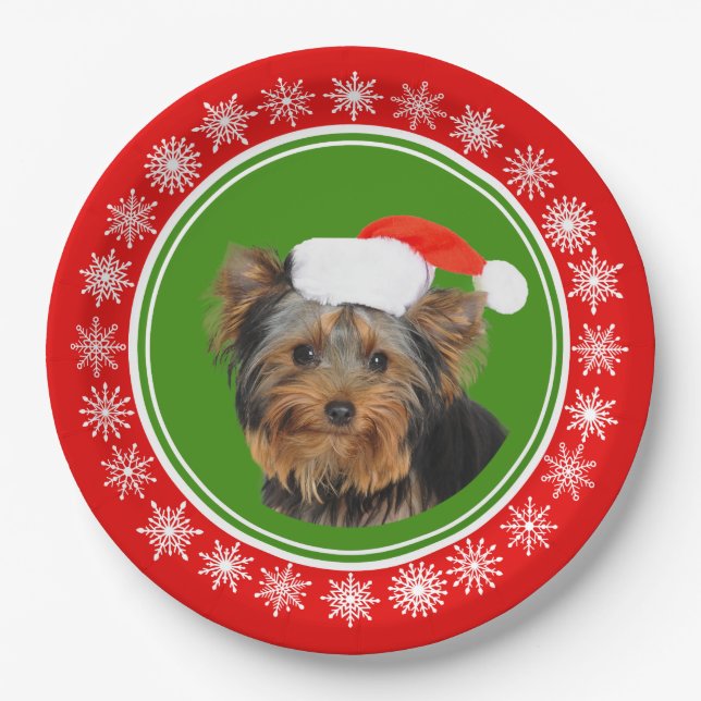 Plato De Papel Navidad lindo del gorra de Yorkshire Terrier Santa (Anverso)