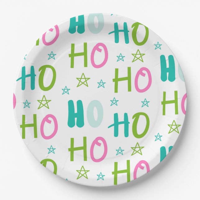 Plato De Papel Navidad moderna rosa teal estrellas Ho Ho  (Anverso)