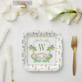 Plato De Papel Navidad Monograma Cresta Natividad Acuarela