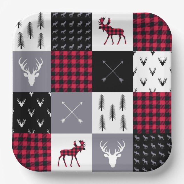 Plato De Papel Navidad Plaid Búfalo Rústico Parche Rojo Blanco (Anverso)