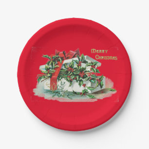 Plato De Papel Navidad presente y Holly Fiesta