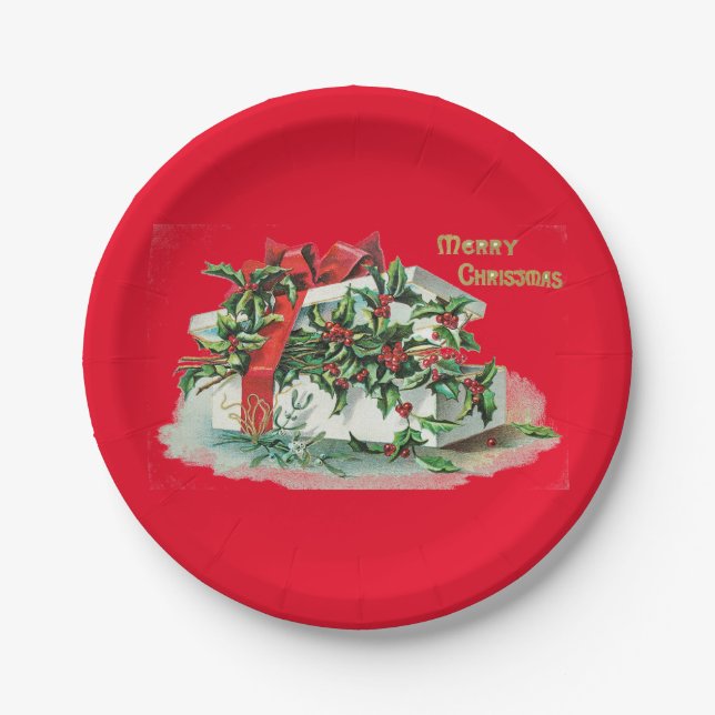 Plato De Papel Navidad presente y Holly Fiesta (Anverso)