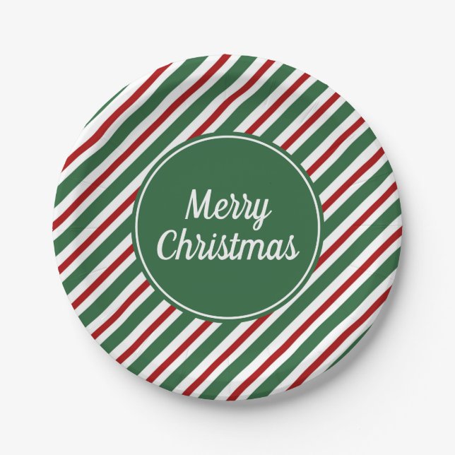 Plato De Papel Navidad Rayas Verdes Modernas (Anverso)