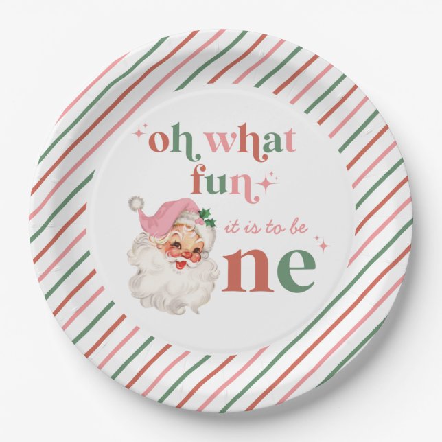 Plato De Papel Navidad Retro rosa Santa Primer Cumpleaños (Anverso)