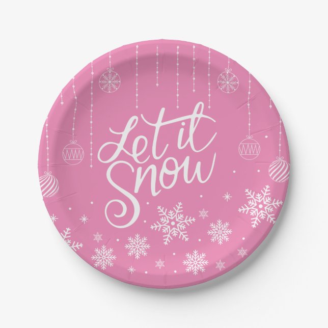Plato De Papel Navidad Rosa Moderna Copos de Nieve (Anverso)