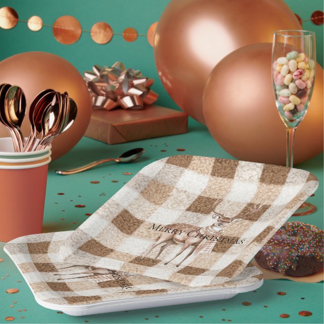 Plato De Papel Navidad Rústico Crema Marrón Cuadros Ciervo (Multi)