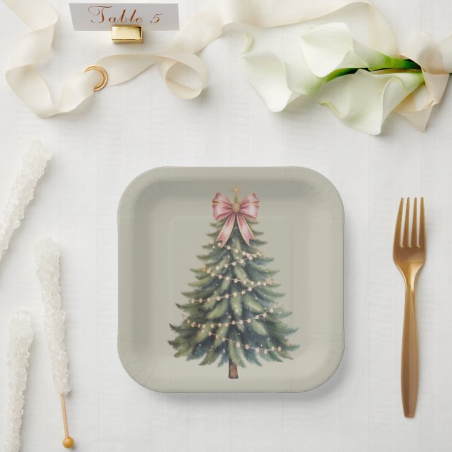 Plato De Papel Navidad Tree Bow Coquette Xmas (Boda)