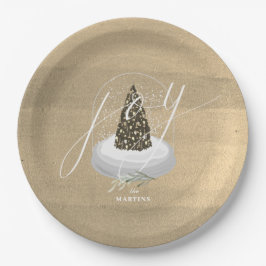 Plato De Papel Navidad Tree Snow Globe Gold Joy Holiday