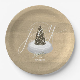 Plato De Papel Navidad Tree Snow Globe Gold Joy Holiday