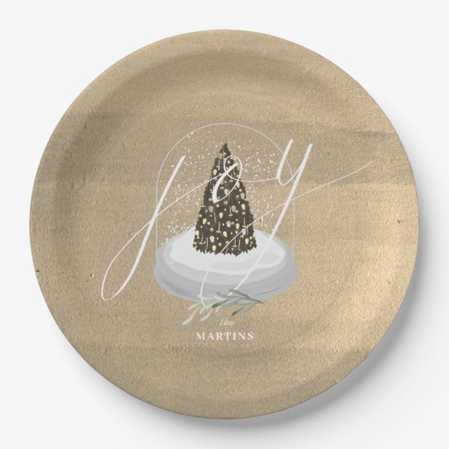 Plato De Papel Navidad Tree Snow Globe Gold Joy Holiday (Anverso)