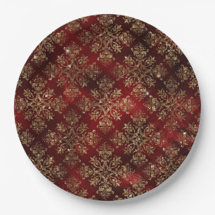 Plato De Papel Navidad Vintage Rojo Elegante y Dorado Falso