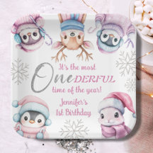 Navidades 1er cumpleaños animales de invierno rosa