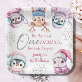 Plato De Papel Navidades 1er cumpleaños animales de invierno rosa