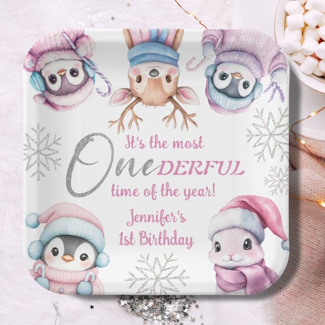 Plato De Papel Navidades 1er cumpleaños animales de invierno rosa (Subido por el creador)