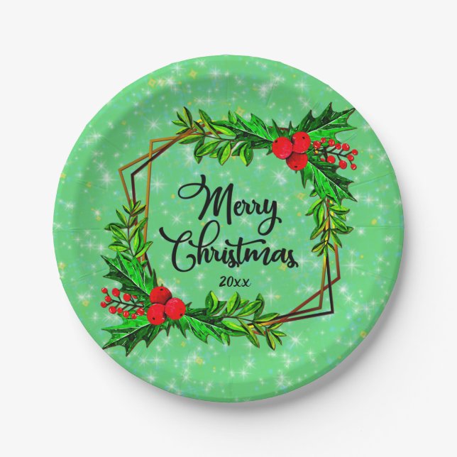 Plato De Papel Navidades 20xx Holly Red Berries Modern Green 7" (Anverso)