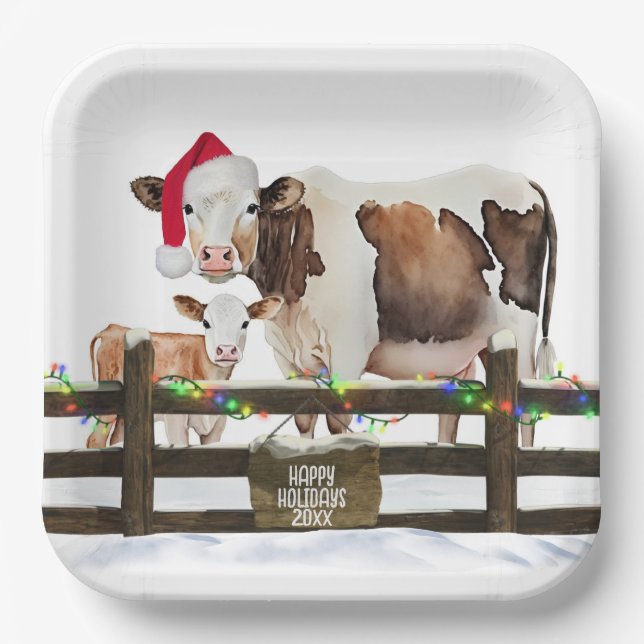 Plato De Papel Navidades acuáticos Vacas Con Sombrero Santa (Anverso)