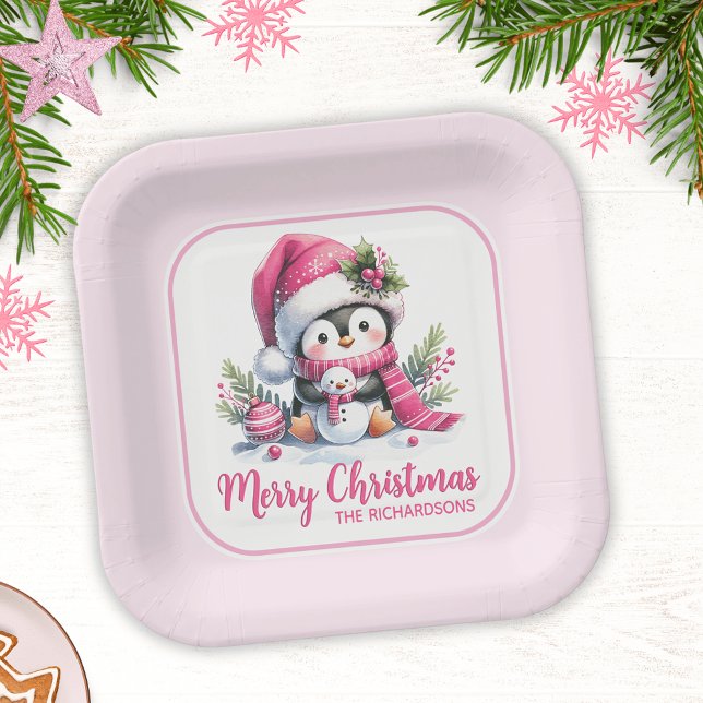 Plato De Papel Navidades adoran a Personalizado rosa pingüino Fel (Subido por el creador)